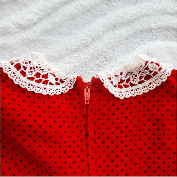 VTG 80s Red and Polkadot Velour Smocked Romper 6-9 Months - Picture 5 of 12